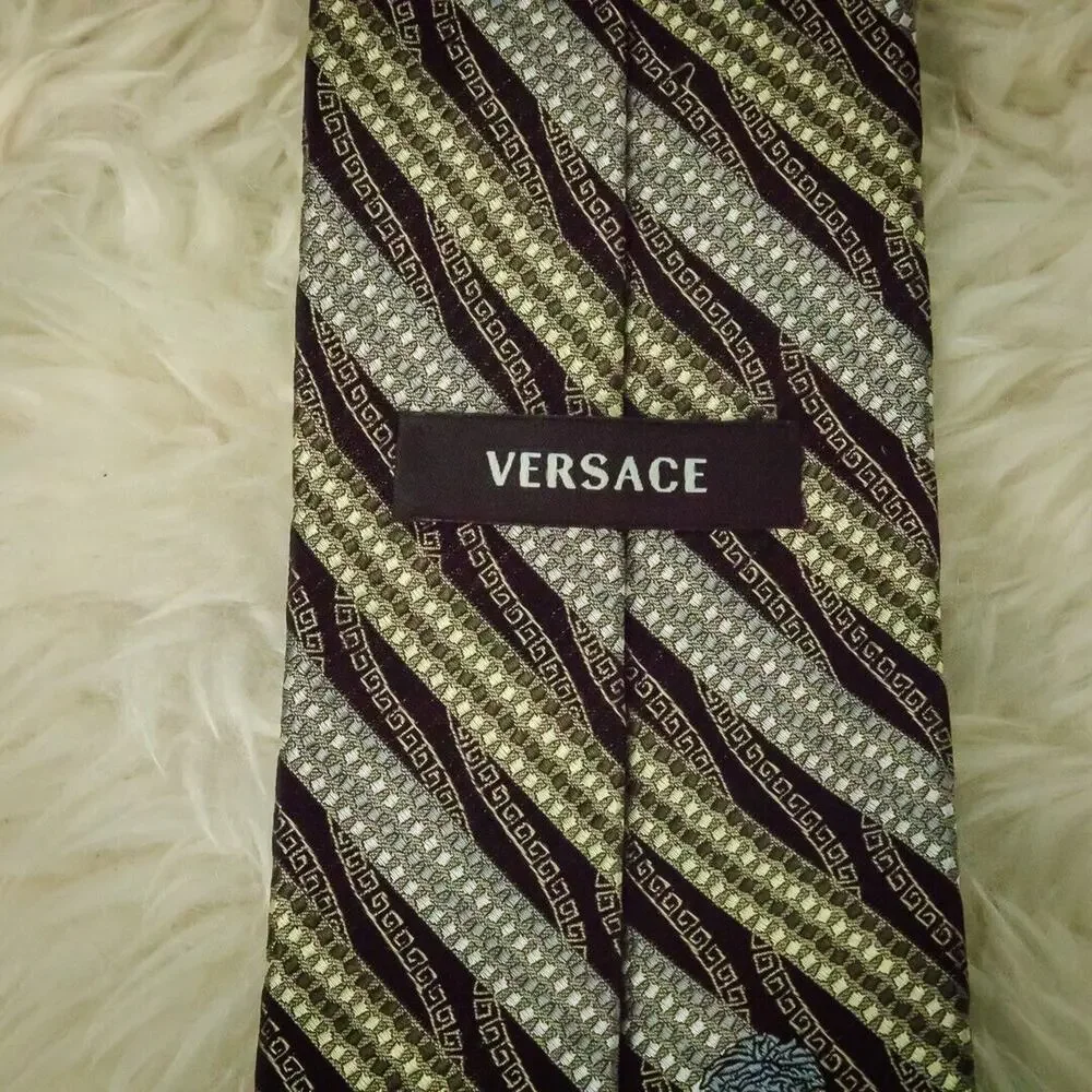 Versace Luxury Designer Silk Black Gray Stripe Print 4 inches Tie Necktie